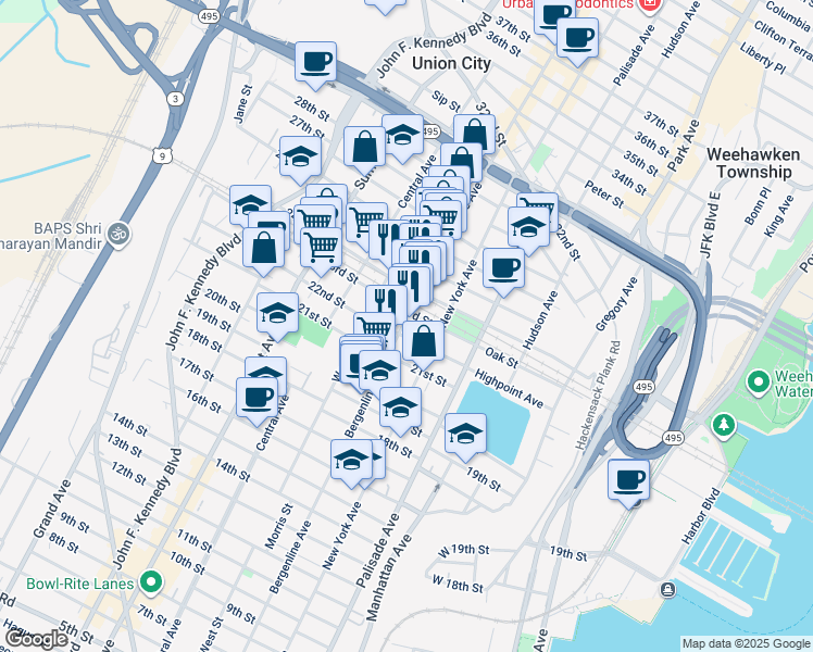 map of restaurants, bars, coffee shops, grocery stores, and more near in Union City
