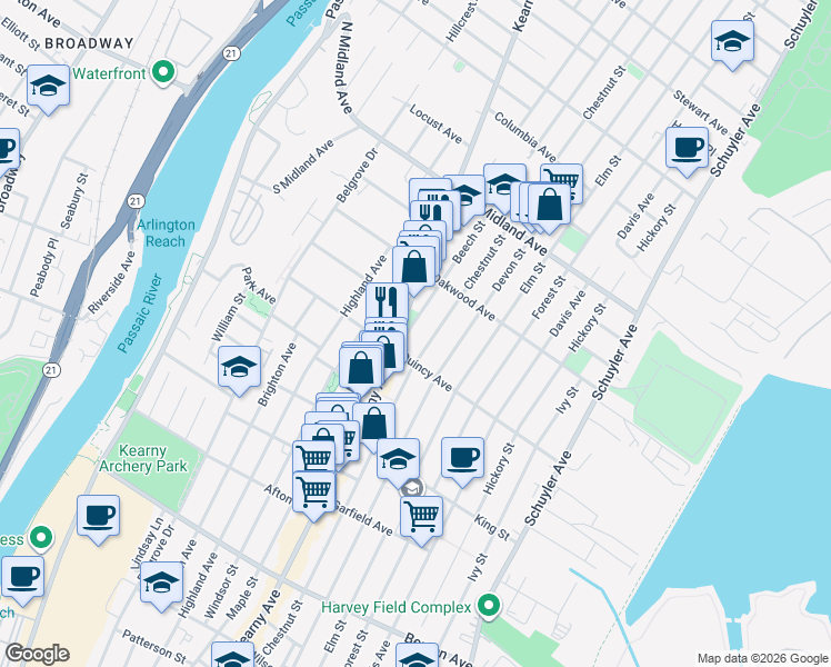 map of restaurants, bars, coffee shops, grocery stores, and more near 34 Beech Street in Kearny