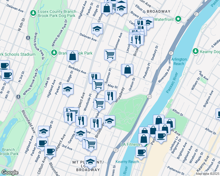 map of restaurants, bars, coffee shops, grocery stores, and more near 21 May Street in Newark