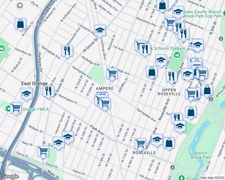 map of restaurants, bars, coffee shops, grocery stores, and more near 28 Ellington Street in East Orange