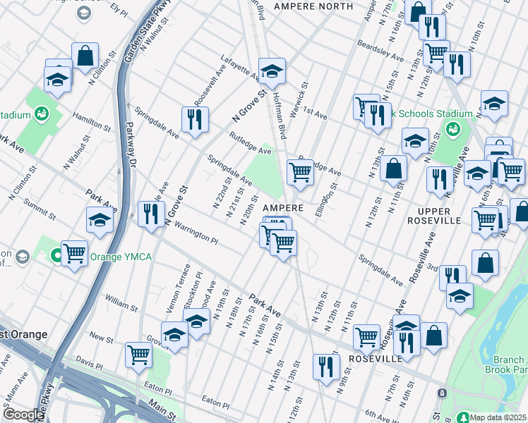 map of restaurants, bars, coffee shops, grocery stores, and more near 263 North 19th Street in East Orange