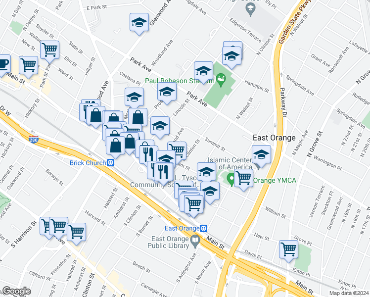 map of restaurants, bars, coffee shops, grocery stores, and more near 14 Carlton Street in East Orange