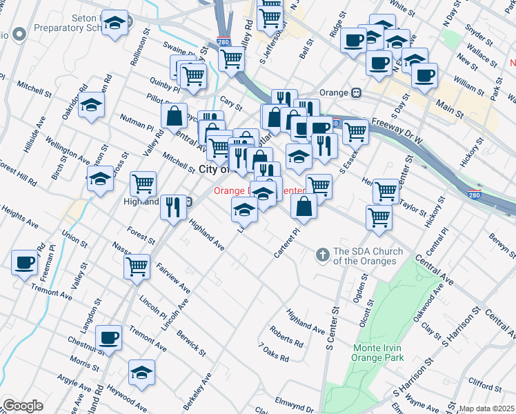 map of restaurants, bars, coffee shops, grocery stores, and more near 285 Lincoln Avenue in City of Orange