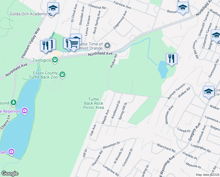 map of restaurants, bars, coffee shops, grocery stores, and more near 374 Walker Road in West Orange