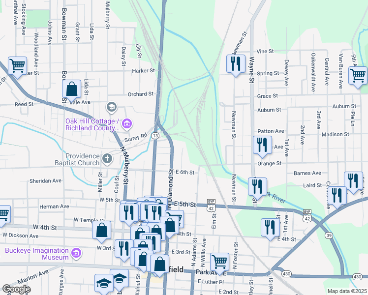 map of restaurants, bars, coffee shops, grocery stores, and more near 320 North Diamond Street in Mansfield