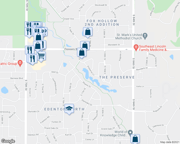 map of restaurants, bars, coffee shops, grocery stores, and more near 7851 Viburnum Drive in Lincoln