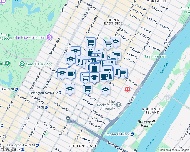 map of restaurants, bars, coffee shops, grocery stores, and more near 310 East 70th Street in New York