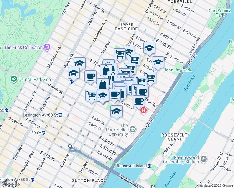 map of restaurants, bars, coffee shops, grocery stores, and more near 333 East 70th Street in New York