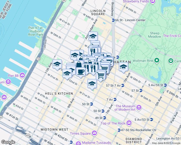map of restaurants, bars, coffee shops, grocery stores, and more near 842 9th Avenue in New York