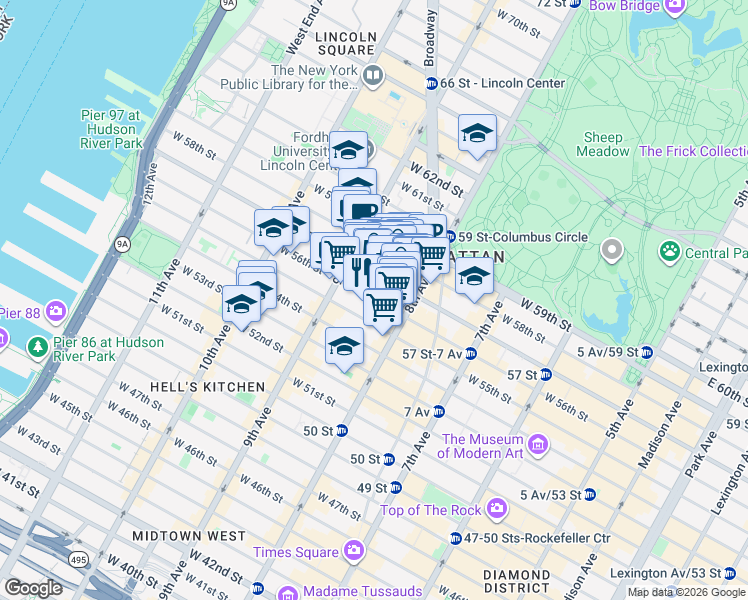 map of restaurants, bars, coffee shops, grocery stores, and more near West 56th Street in New York