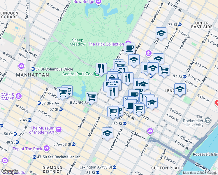 map of restaurants, bars, coffee shops, grocery stores, and more near 17 East 64th Street in New York