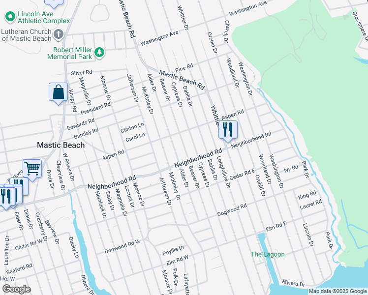 map of restaurants, bars, coffee shops, grocery stores, and more near 196 Beaver Drive in Mastic Beach
