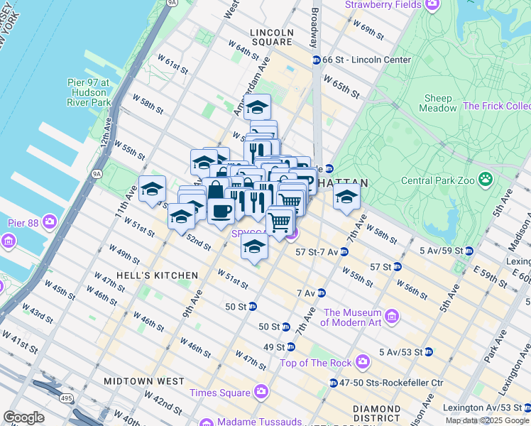 map of restaurants, bars, coffee shops, grocery stores, and more near 328 West 56th Street in New York