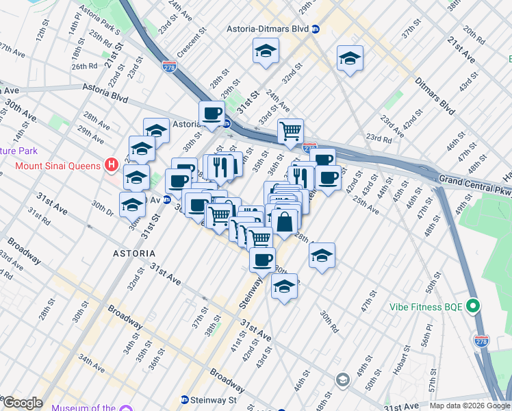 map of restaurants, bars, coffee shops, grocery stores, and more near 25-81 36th Street in Queens