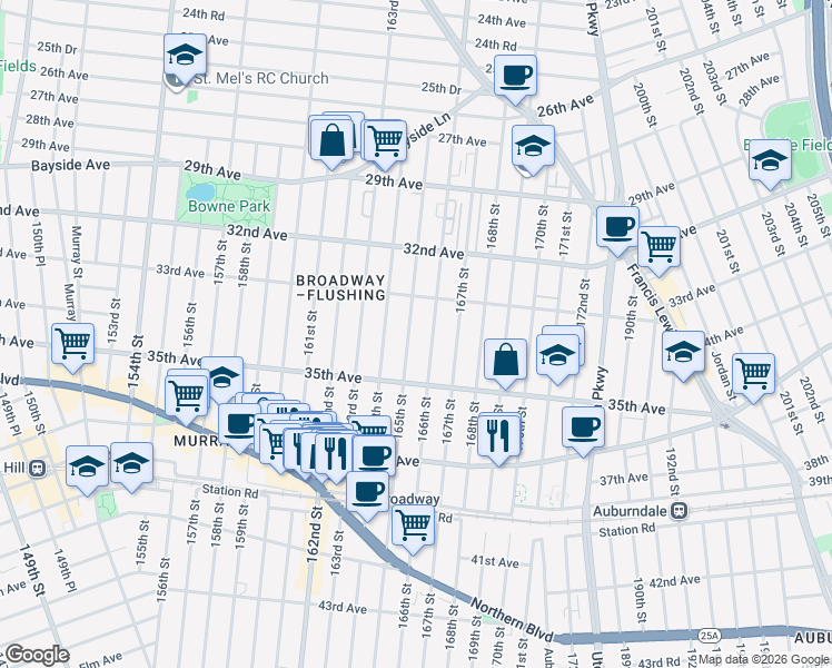 map of restaurants, bars, coffee shops, grocery stores, and more near 33-25 165th Street in Queens