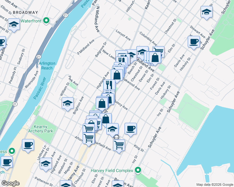 map of restaurants, bars, coffee shops, grocery stores, and more near 34 Beech Street in Kearny