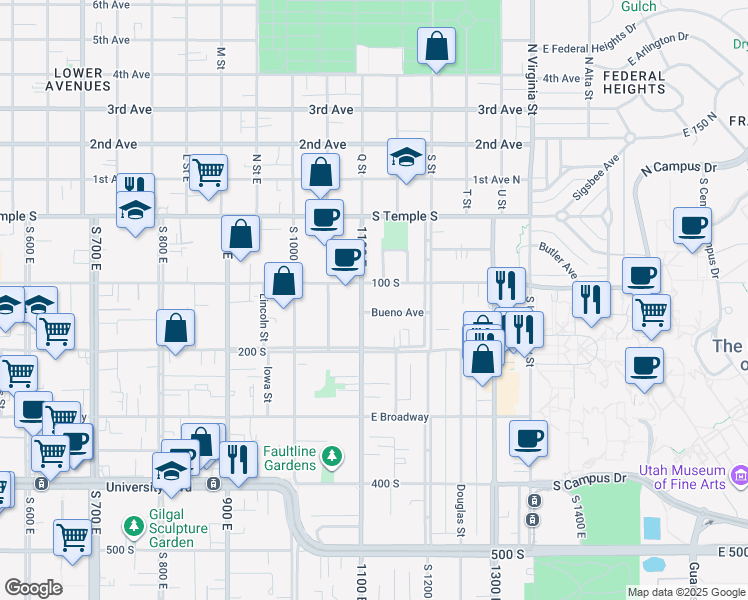 map of restaurants, bars, coffee shops, grocery stores, and more near 115 1100 East in Salt Lake City
