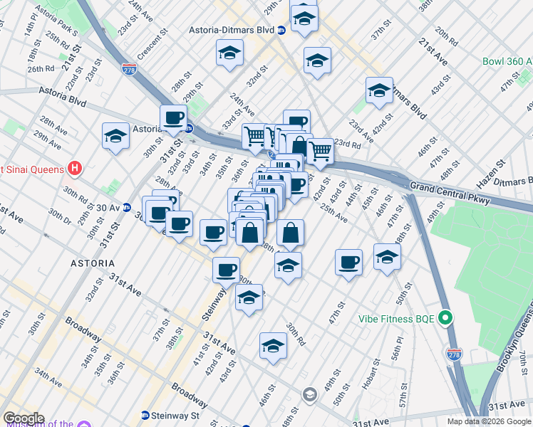 map of restaurants, bars, coffee shops, grocery stores, and more near 81 Steinway Street in Queens