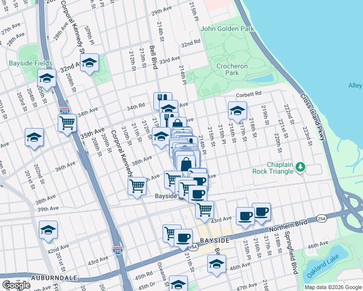 map of restaurants, bars, coffee shops, grocery stores, and more near 213-49 38th Avenue in Queens