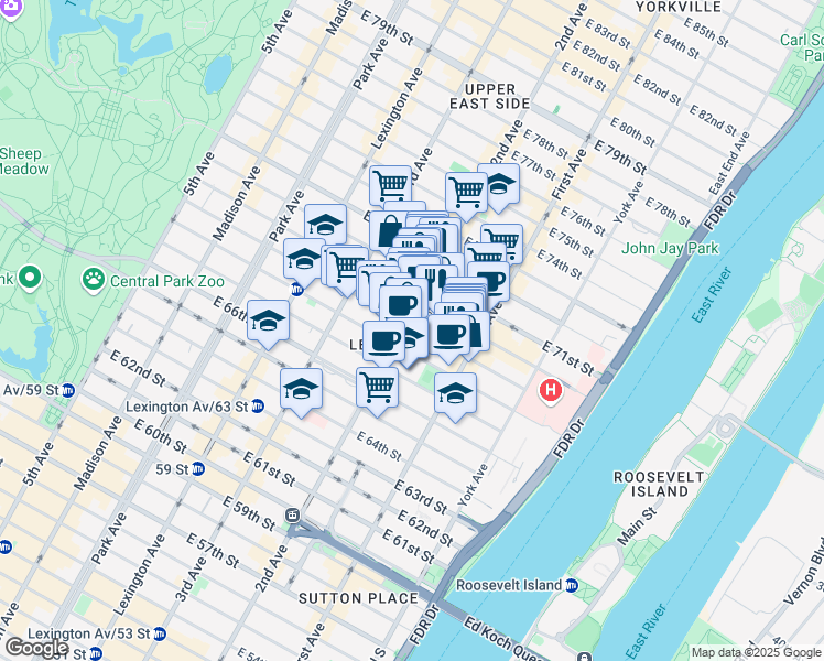 map of restaurants, bars, coffee shops, grocery stores, and more near 1310 2nd Avenue in New York