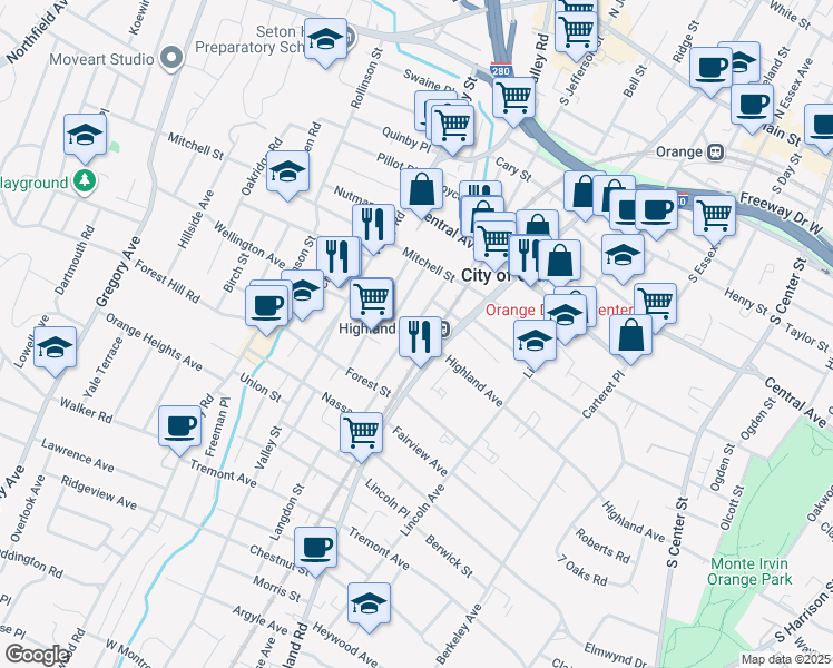 map of restaurants, bars, coffee shops, grocery stores, and more near in City of Orange