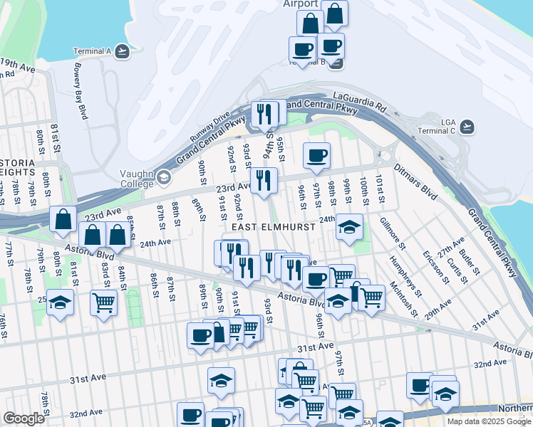 map of restaurants, bars, coffee shops, grocery stores, and more near 23-48 94th Street in Queens