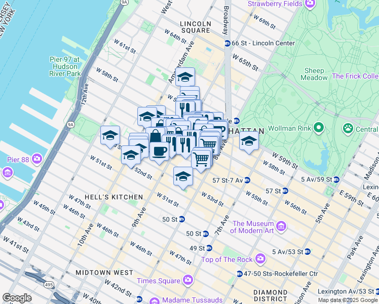 map of restaurants, bars, coffee shops, grocery stores, and more near 342 West 56th Street in New York