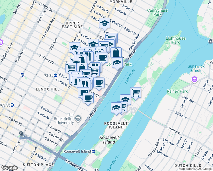map of restaurants, bars, coffee shops, grocery stores, and more near 525 East 72nd Street in New York