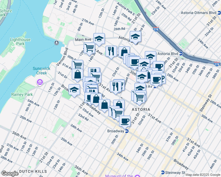 map of restaurants, bars, coffee shops, grocery stores, and more near 23-11 31st Avenue in Queens