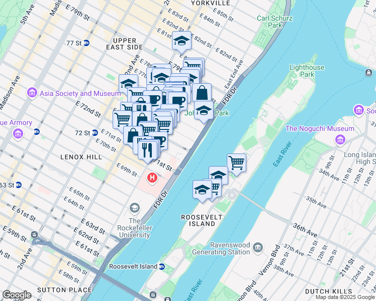 map of restaurants, bars, coffee shops, grocery stores, and more near 543 East 73rd Street in New York