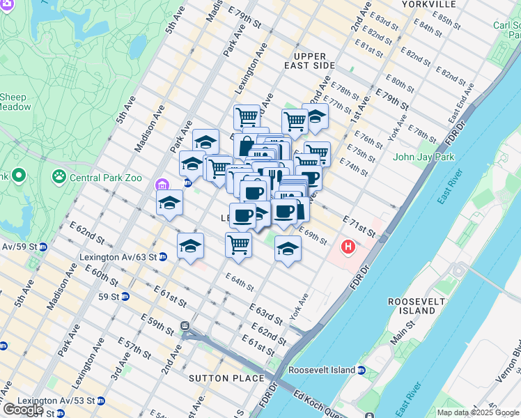 map of restaurants, bars, coffee shops, grocery stores, and more near 310 East 70th Street in New York