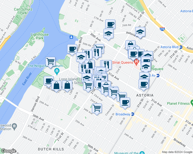map of restaurants, bars, coffee shops, grocery stores, and more near 14-37 31st Drive in Queens