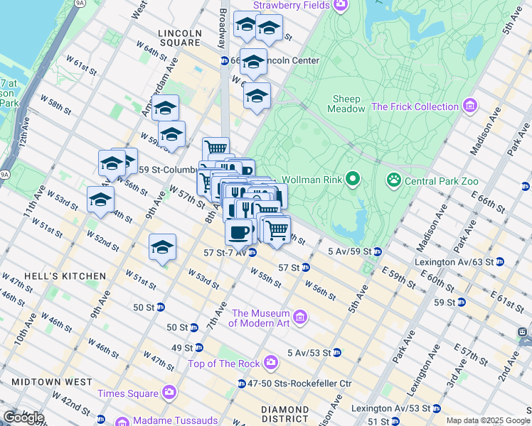 map of restaurants, bars, coffee shops, grocery stores, and more near 200 Central Park South in New York