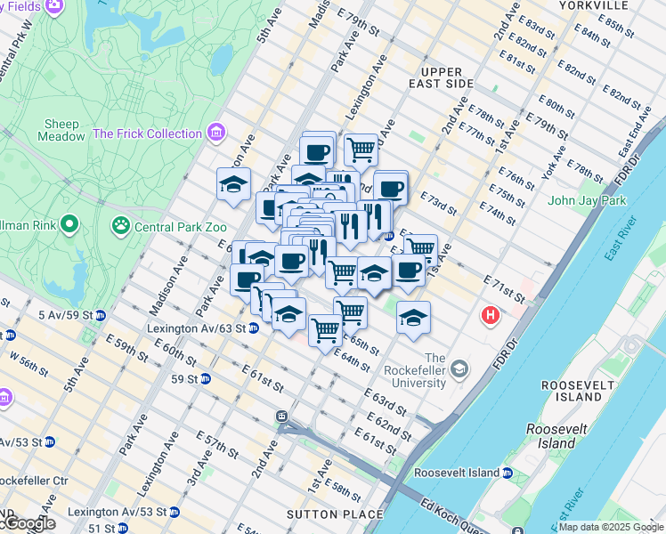 map of restaurants, bars, coffee shops, grocery stores, and more near 1175 3rd Avenue in New York