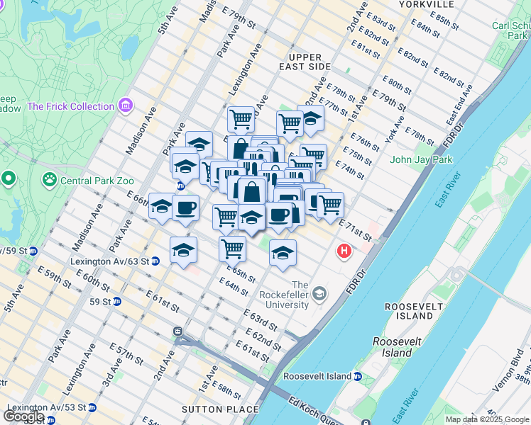 map of restaurants, bars, coffee shops, grocery stores, and more near 333 East 69th Street in New York