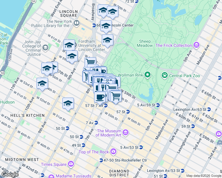 map of restaurants, bars, coffee shops, grocery stores, and more near 210 Central Park South in New York