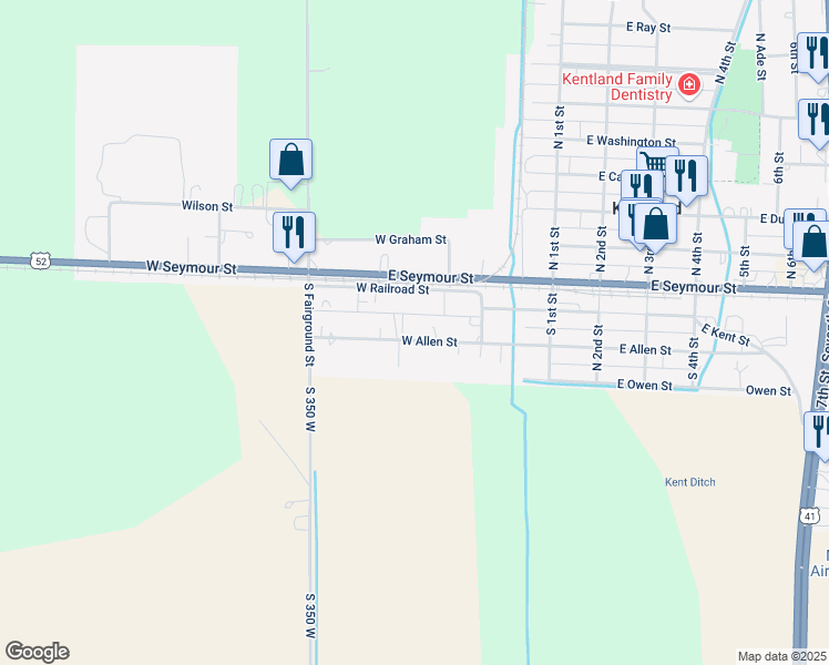 map of restaurants, bars, coffee shops, grocery stores, and more near 218 West Allen Street in Kentland