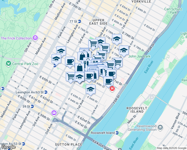 map of restaurants, bars, coffee shops, grocery stores, and more near 333 East 70th Street in New York
