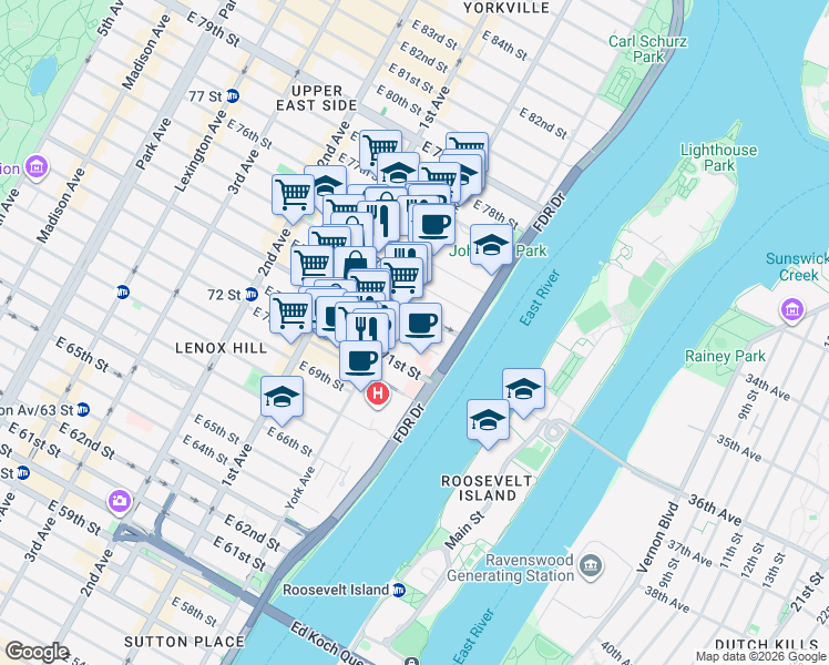 map of restaurants, bars, coffee shops, grocery stores, and more near 515 East 72nd Street in New York