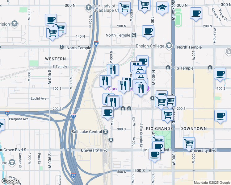 map of restaurants, bars, coffee shops, grocery stores, and more near 565 West 100 South in Salt Lake City