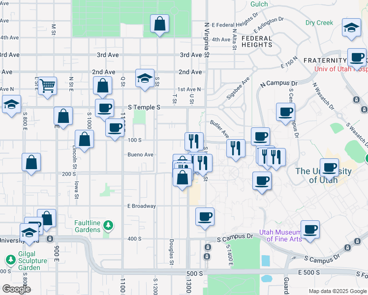map of restaurants, bars, coffee shops, grocery stores, and more near 130 South 1300 East in Salt Lake City