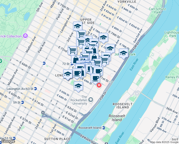 map of restaurants, bars, coffee shops, grocery stores, and more near 407 East 71st Street in New York