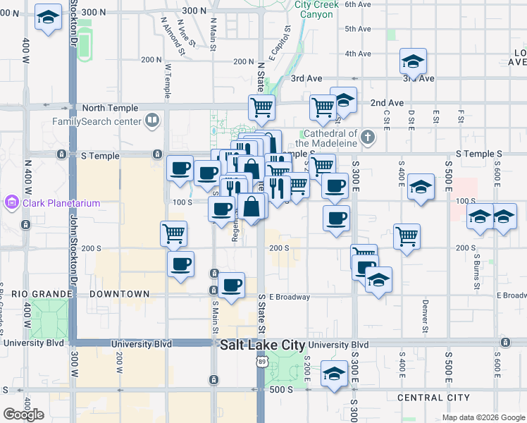 map of restaurants, bars, coffee shops, grocery stores, and more near 125 South State Street in Salt Lake City