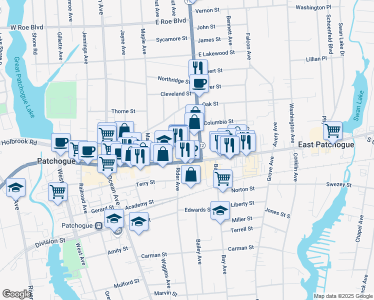 map of restaurants, bars, coffee shops, grocery stores, and more near 239 East Main Street in Patchogue