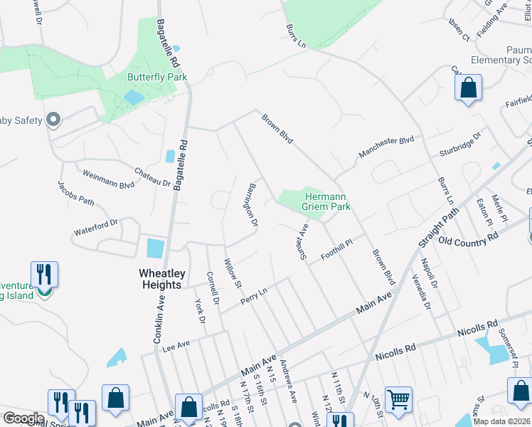 map of restaurants, bars, coffee shops, grocery stores, and more near 2 Coventry Court in Wheatley Heights