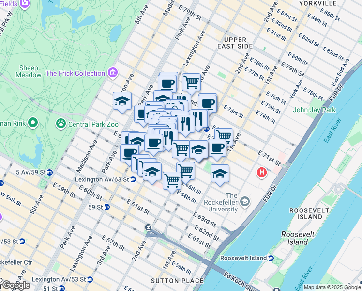 map of restaurants, bars, coffee shops, grocery stores, and more near East 68th Street in New York
