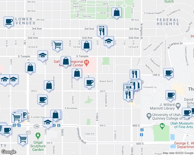 map of restaurants, bars, coffee shops, grocery stores, and more near 115 1100 East in Salt Lake City
