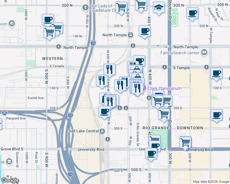 map of restaurants, bars, coffee shops, grocery stores, and more near 113 600 West in Salt Lake City