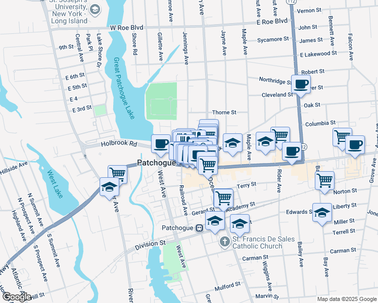 map of restaurants, bars, coffee shops, grocery stores, and more near 33 Lake Street in Patchogue