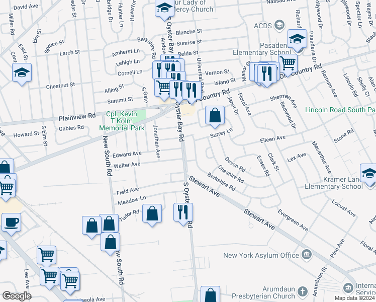 map of restaurants, bars, coffee shops, grocery stores, and more near 8 Berkshire Road in Bethpage